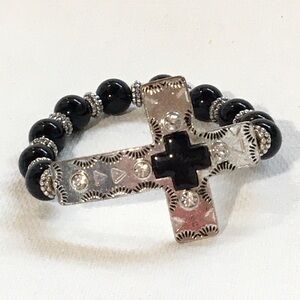 Silvertone Rhinestone Western‎ Cross Stretch Bracelet